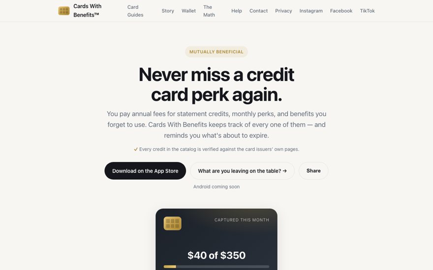 Cards with Benefits website